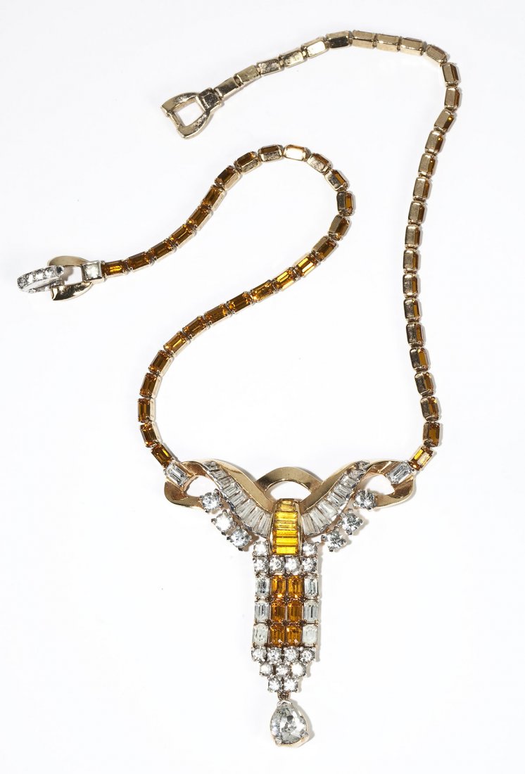 Mazer Brothers Rhinestone Necklace: DESCRIPTION: Mazer Brothers necklace decorated with clear and amber rhinestones. Signed. Pendant drop 2-7/8". Length end to end 15-1/4".