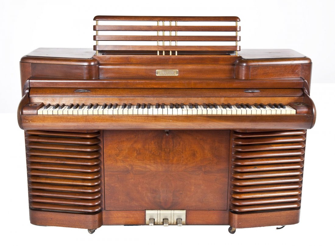RCA Story & Clark Storytone Deco Electric Piano: DESCRIPTION: RCA Story & Clark Art Deco electric piano with original bench. Case designed by John Vassos, the American industrial designer. The RCA Storytone piano was built in 1939 in a joint venture