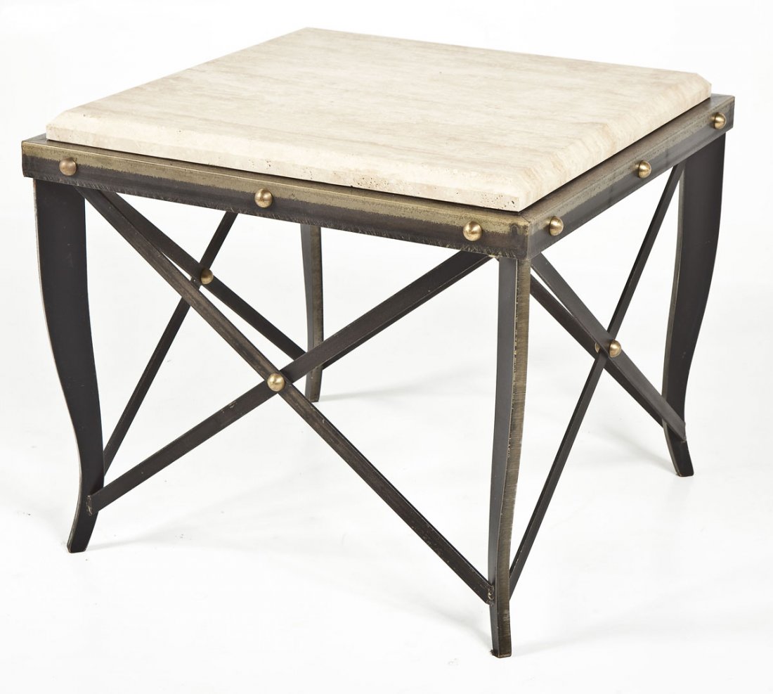 Limestone Top Side Table: DESCRIPTION: Square side table of black painted iron with crossed stretchers and brass rivet details beneath a limestone top. MEASUREMENTS: 30" x 30" x 26-1/2". CONDITION: Light wear.