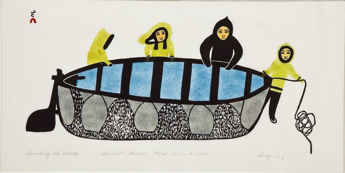 Lucy Qinnuayuak (Inuit, 1915-1982): DESCRIPTION: Lucy Qinnuayuak (Inuit, 1915-1982). Stonecut and stencil. Launching the Umiak. 36/50. Dorset 1977. Signed, titled and numbered in pencil as well as "Lucy" and two characters in syllabics.