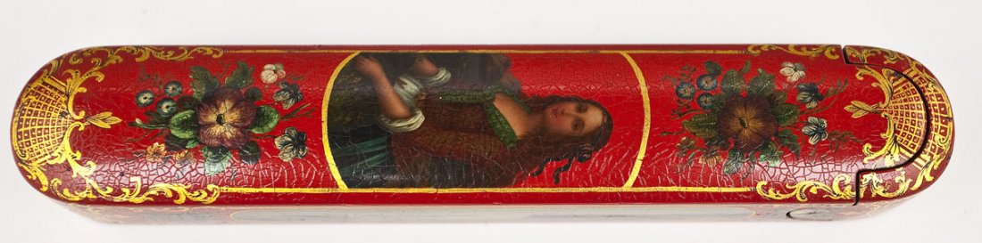 Persian Lacquered Pen Box: DESCRIPTION: Persian red lacquered box with gold detailing and floral motifs having a portrait of a young girl on top and a landscape on either side. MEASUREMENTS: 9-1/4" x 1-3/4" x 1-1/2". CONDITION: