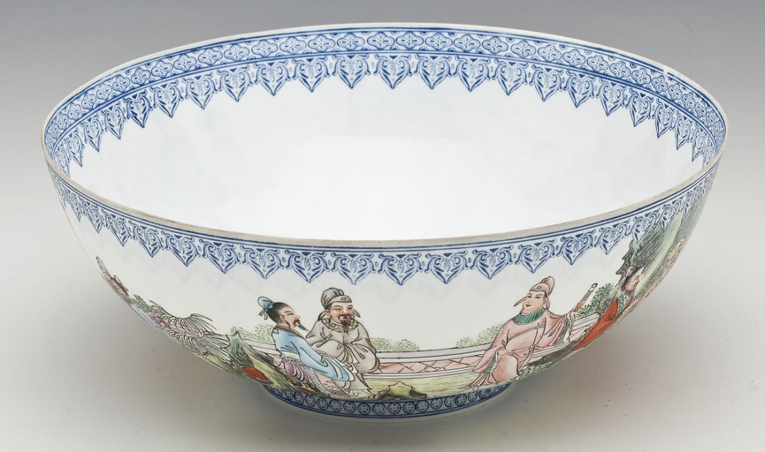 Chinese Eggshell Porcelain Bowl: DESCRIPTION: Chinese eggshell porcelain bowl. Exterior with polychrome enameling of scholars amid a landscape. Interior with dragon amid clouds and lappet border. Base with Qianlong mark but 20th cent