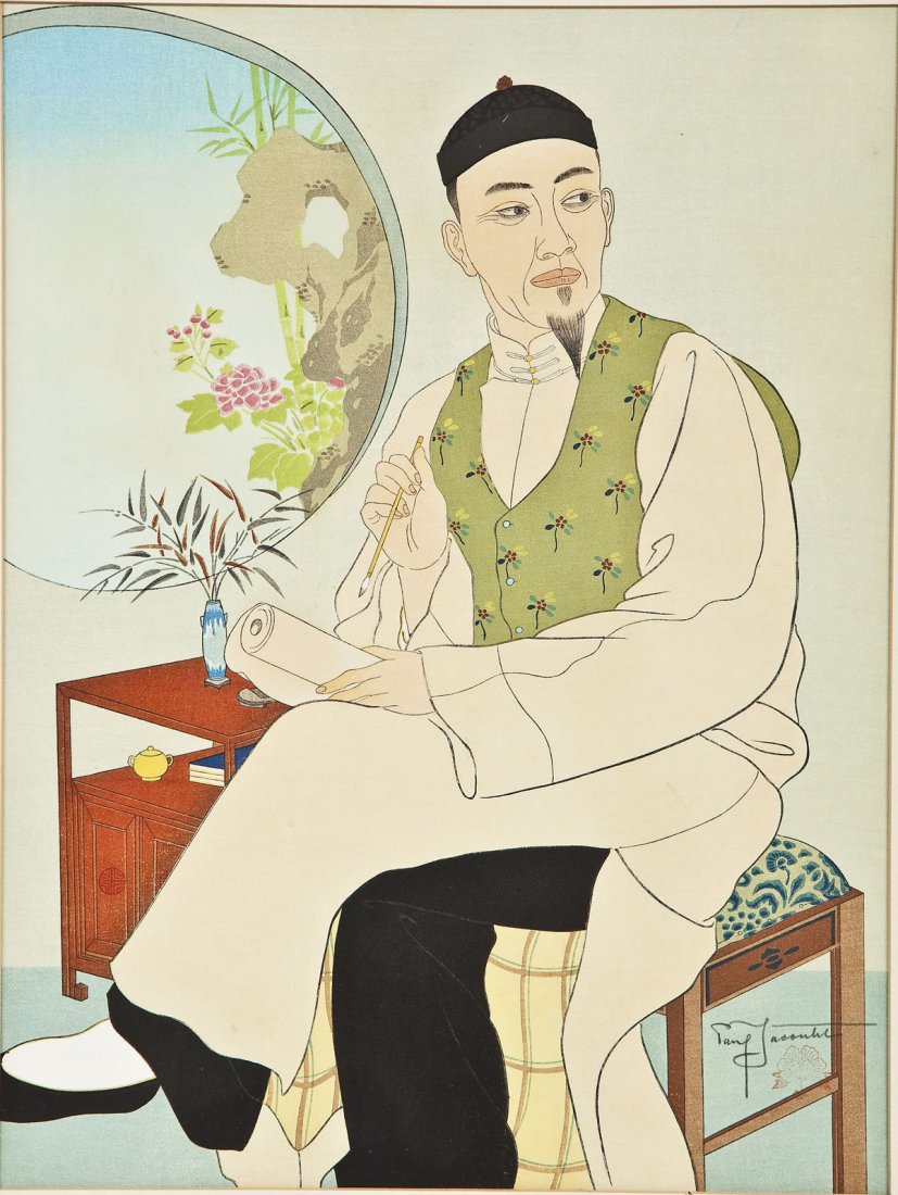 Paul Jacoulet (French, 1902-1960): DESCRIPTION: Paul Jacoulet (French, 1902-1960) Woodblock print. L'Homme Qui Ecrit, Chinois. Chinese man seated at a desk holding a calligraphy brush in one hand and scroll in another, looking off over