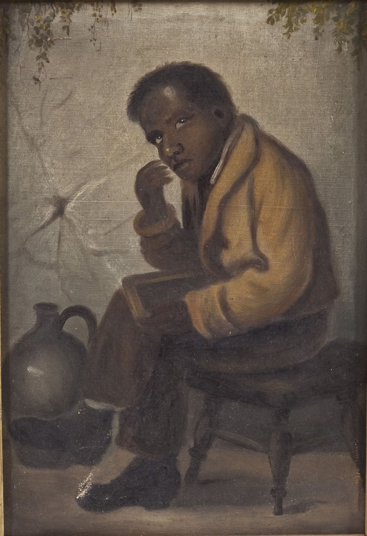 19th C Folk Art Black Americana Portrait: DESCRIPTION: Folk Art Black Americana portrait. Oil on canvas. In a simple gilded wooden frame. Depicting a well dressed man seated on a stool with a book in his lap, in front of an earthenware jug. U