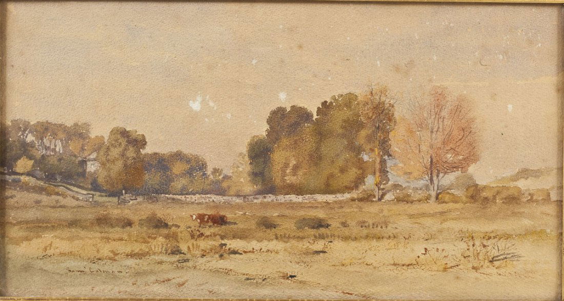 Samuel Colman (American, 1832-1920): DESCRIPTION: Samuel Colman (American, 1832-1920). Landscape watercolor. Signed in the lower left corner. In a gilded wooden frame. A significant landscape painter of the second generation of Hudson Ri