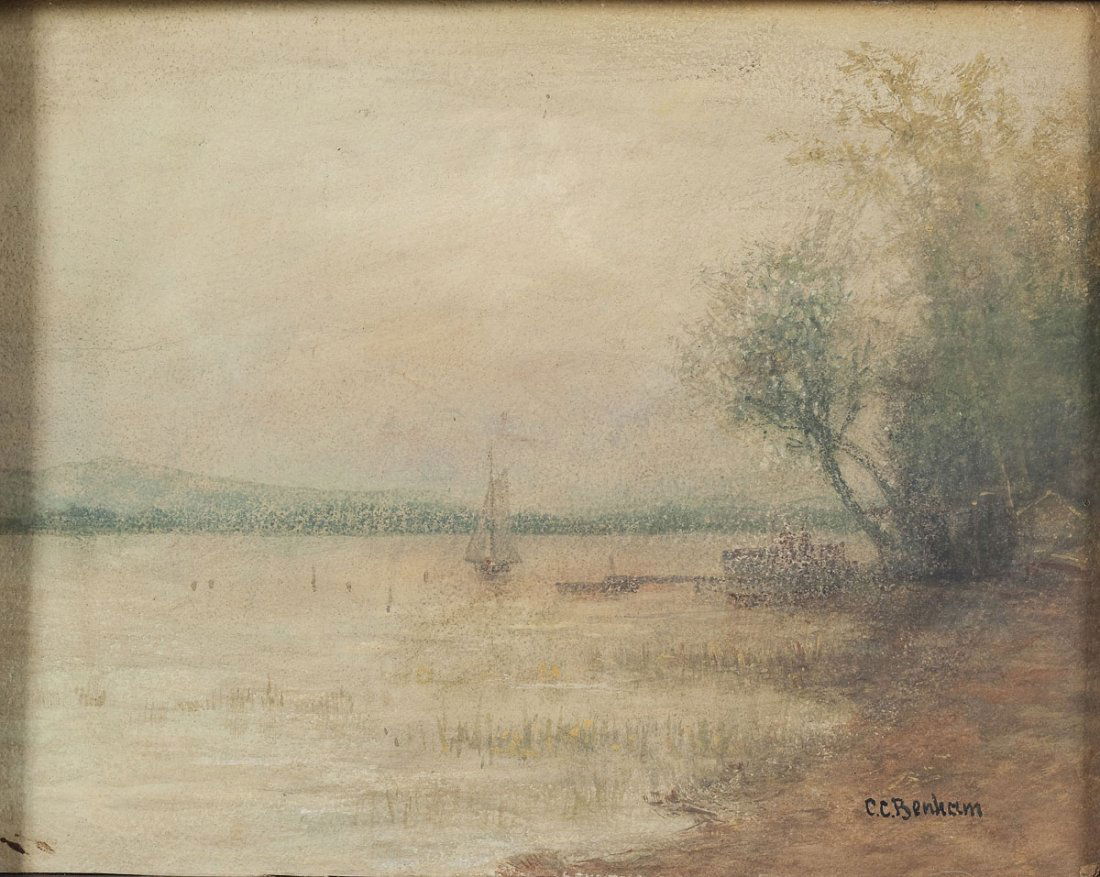 C.C. Benham (American, 20th Century): DESCRIPTION: C.C. Benham (American, 20th Century). Gouache on paper. Landscape scene of riverside with boat near dock in middle ground. Signed at lower right "C.C. Benham". In a black shadow box frame