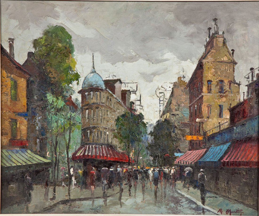 Marcel Martin (French, 20th Century): DESCRIPTION: Marcel Martin (French, 20th Century). Oil on board. Medaille d'Or S.A.F. Paris - 1937. Depicts a bustling Parisian street on a rainy day. Many colorful shop façades and reflections of th