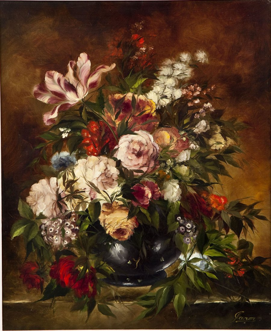 Larossa (Continental School, 20th Century): DESCRIPTION: Larossa (Continental School, 20th Century). Oil on canvas. Bouquet of flowers on table and dark background. Signed in the lower right corner "Larossa". In an ornate wood and gesso frame p