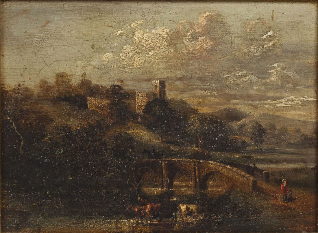 In the Style of John Constable R.A.: DESCRIPTION: In the style of John Constable R.A. Oil on board. Landscape of bridge over river leading to castle in countryside. Mother and child are shown walking in the lower right corner. Livestock