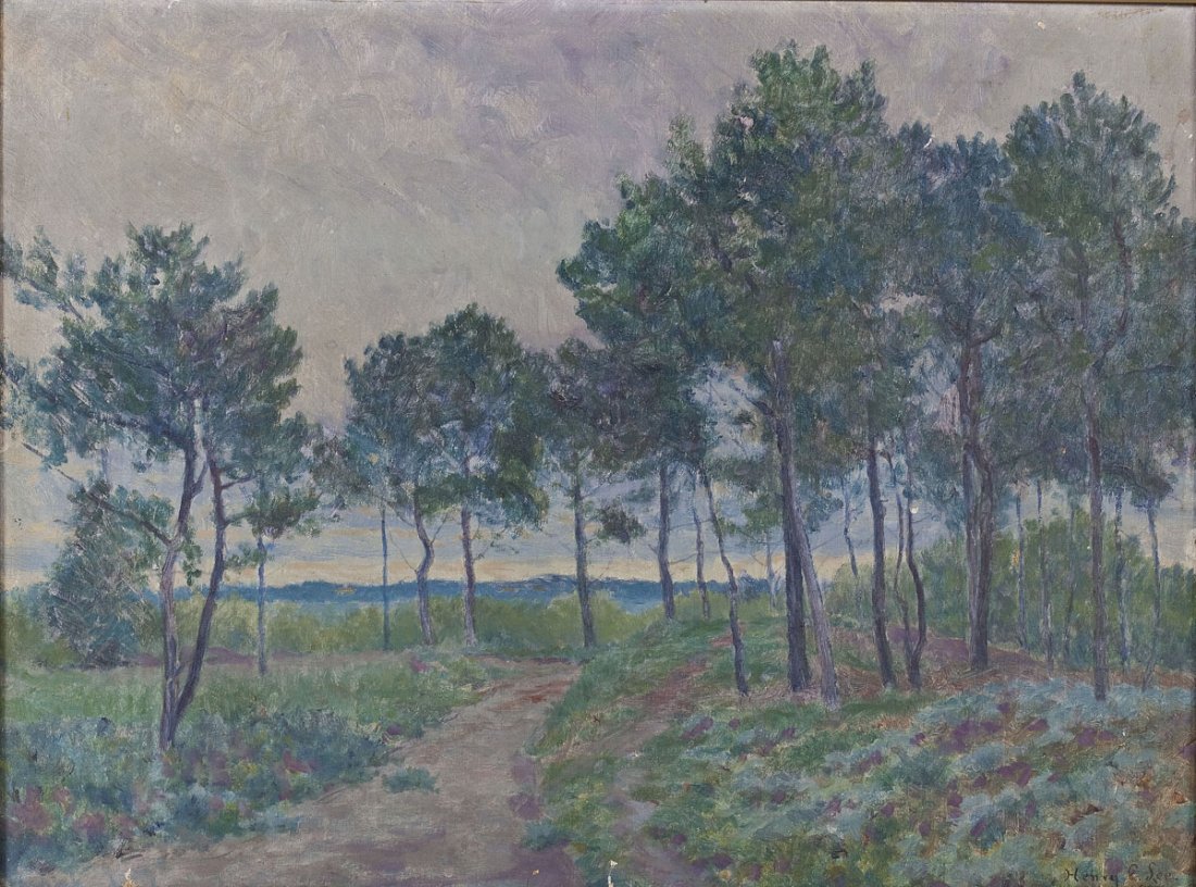 Henry Charles Lee (American, 1864-1930): DESCRIPTION: Henry Charles Lee (American, 1864-1930). Oil on canvas. Landscape with trees. In gold frame. Born in New York City and died in Paris. Member of the Salmagundi Club and Group Des Peinters 