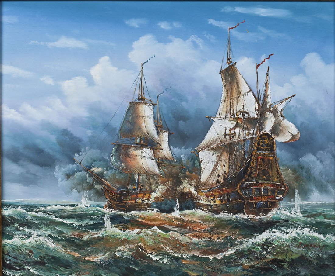 Jacques Harvey (French, 1939- ): DESCRIPTION: Jacques Harvey (French, 1939- ). Oil on canvas. Two ships during a cannon battle. Ships in painterly detail, with oil built up to preserve depth. Clouds of smoke between and around the sh