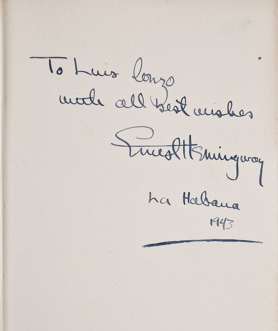 Ernest Hemingway Signed Winner Take Nothing: DESCRIPTION: Winner Take Nothing by Ernest Hemingway. Published by Jonathan Cape, London. Later edition first published in 1934. Signed and inscribed to front free end paper "To Luis Ionzo with all be