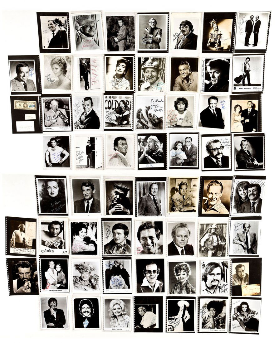 Stage, Screen & Television Autograph Collection: DESCRIPTION: A collection of sixty-two stage, screen and television actor signed photographs and cards. Includes Richard Burton, Donald Trump (signed on a $100 bill), Shirley Temple Black, Paul Anka,