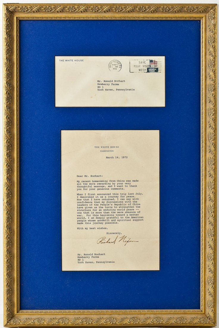 Richard Nixon Signed Letter as President: DESCRIPTION: Richard Nixon signed typed letter dated March 14, 1972 on White House letterhead. Addressed to Mr. Buchart and discussing his recent trip to China as a journey for peace. Matted and frame