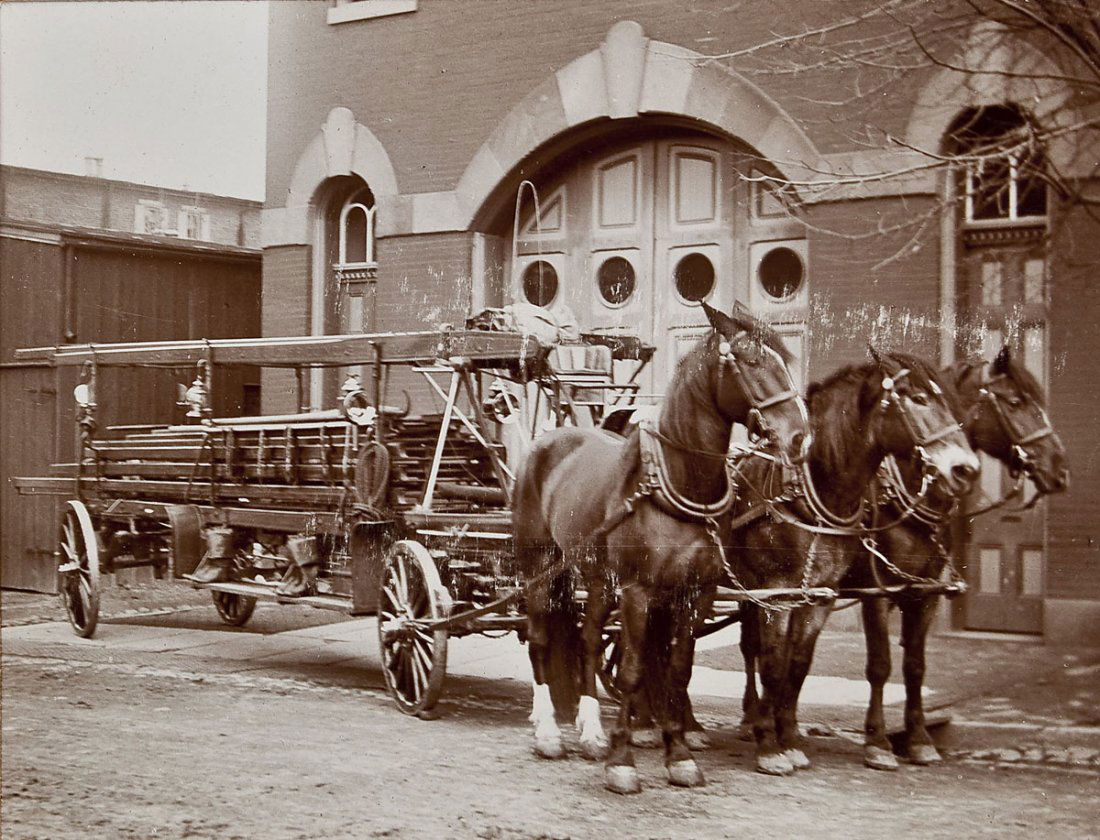 Album Horse Drawn Fire Truck Cabinet Cards: DESCRIPTION: Album containing 28 cabinet cards of horse drawn fire trucks plus an antique photograph of a pumper truck. Housed in a period album with leather cover and brass closures. Gilt edges. Pape