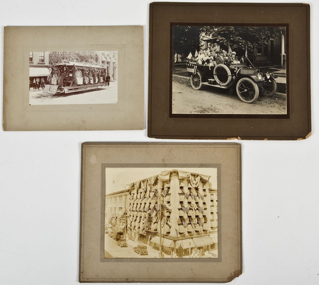 3 Antique Parade/Patriotic Photographs: DESCRIPTION: Three antique parade and patriotic themed photographs. Includes: 1) Trolley decorated the West Sand Lake Fair and carrying the Cadet Band. 2) Car filled with people carrying flags and bun