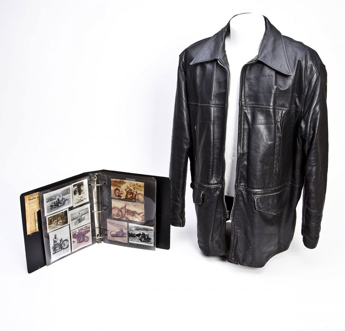 Vintage Harley Davidson & Indian Photos & Jacket: DESCRIPTION: A collection of vintage Harley Davison and Indian motorcycle snapshots. Over 200 vintage snapshots showing people with their motorcycles (Harleys and Indians) and cars, at parties, in a m