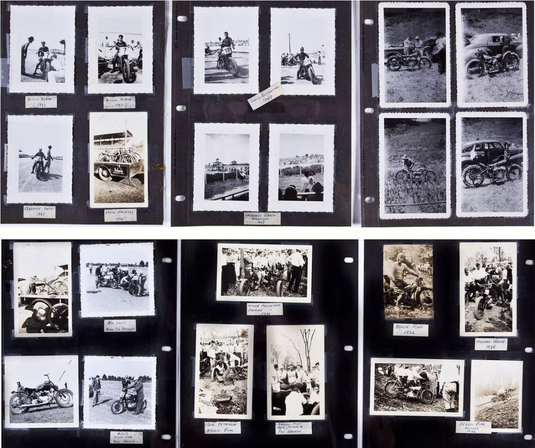 23 Vintage Snapshots of Harley Davison Racers: DESCRIPTION: Collection of twenty-three vintage snapshots of Harley Davison motorcyle racers circa 1930's to 1940's. Taken at various locations including Wiliams Grove Speedway. Racers include Reggie 