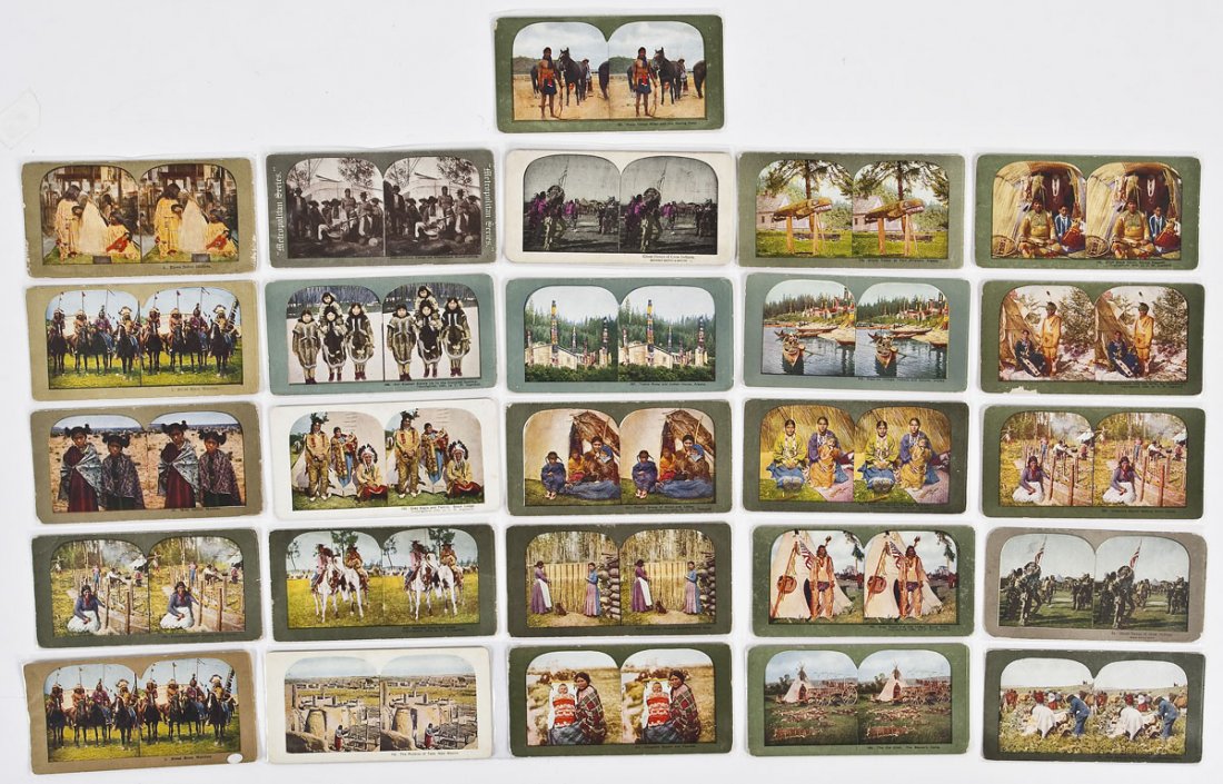 27 Native American and Alaskan Stereoviews: DESCRIPTION: Twenty-seven various Native American and Alaskan stereoviews. Twenty-five stereoviews depicting Native American or Alaskan people, two depicting homes and totems. One black and white, two