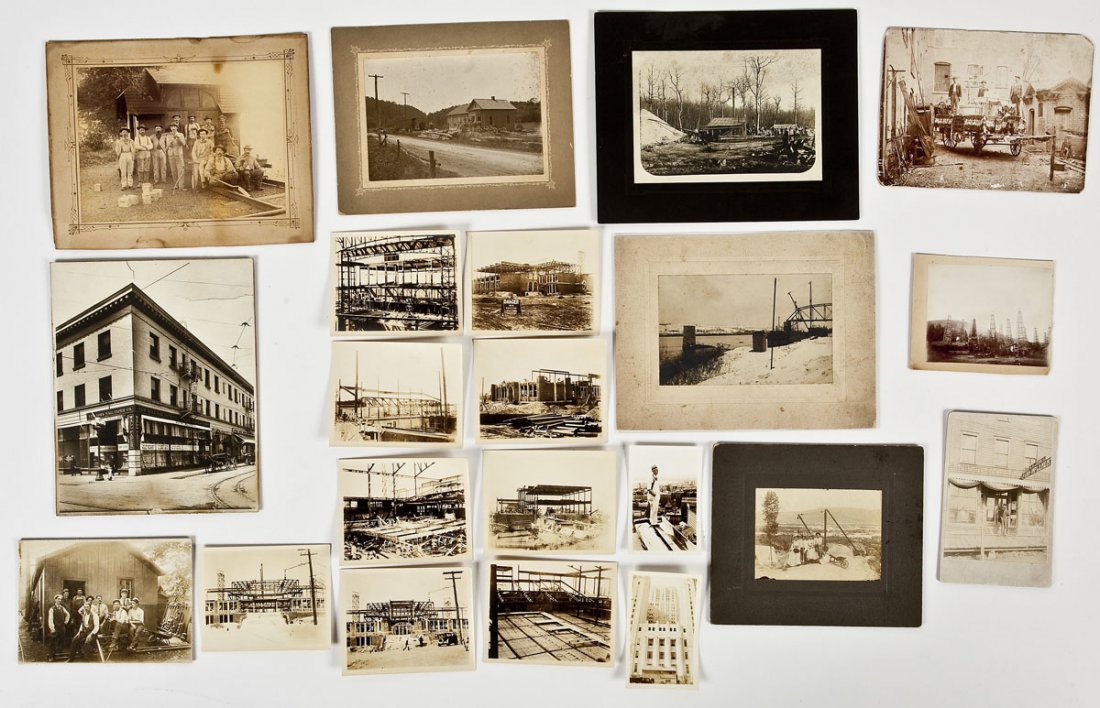 21 Antique Occupational Photographs: DESCRIPTION: Group of twenty-one antique occupational photographs relating to construction and commerce. Includes logging, the New York Wall Paper Company, building construction, man on a high rise, e