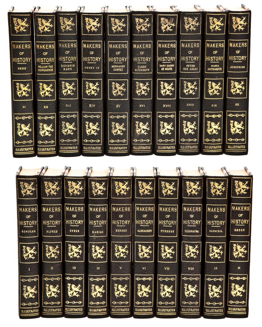 20 Vols. Makers of History by Jacob Abbott: DESCRIPTION: Makers of History by Jacob Abbott. Complete 20 volume set. Published by the Superior Printing Company, Akron, Ohio, 1914. Half leather gilt hardcover with marbled boards. MEASUREMENTS: 4-