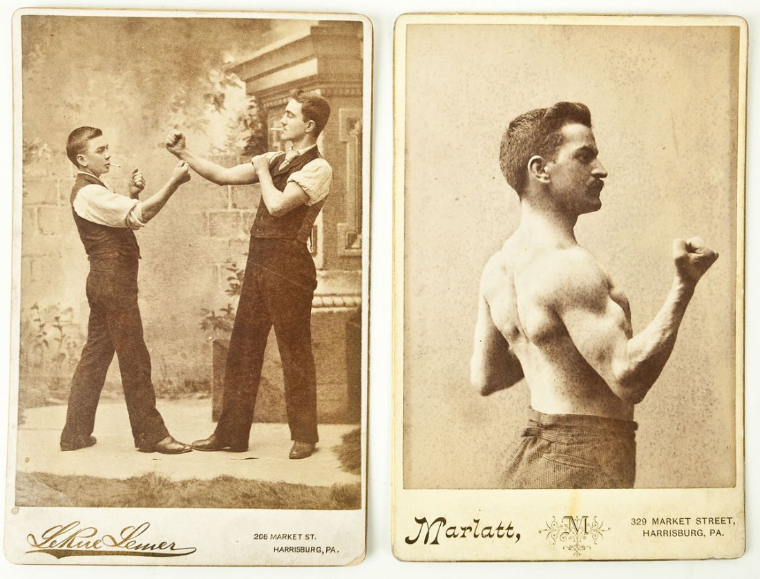 2 Boxing/Pugilist Cabinet Cards: DESCRIPTION: Two antique cabinet cards related to boxing. One of boxer in position marked for Marlatt, Harrisburg, Pennsylvania. The other showing a boy and gentleman in street clothes with cigarettes