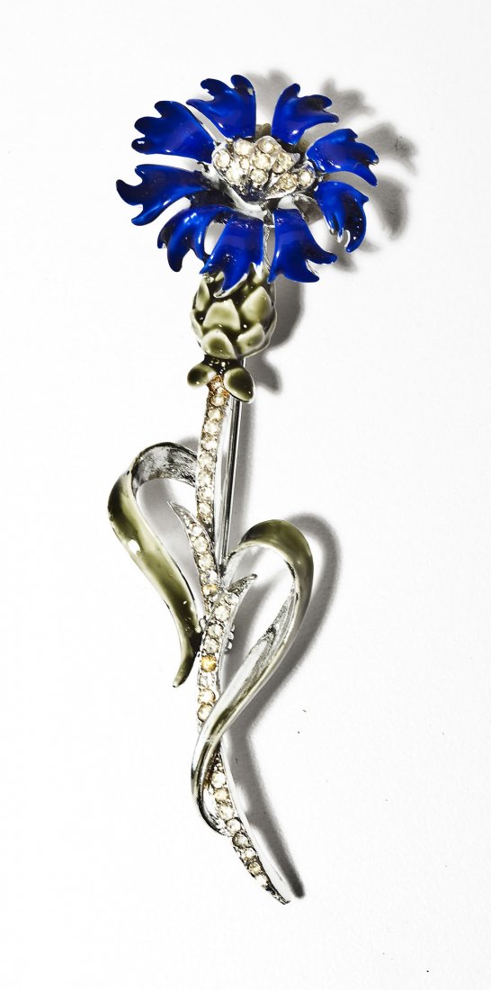 Vintage Enameled & Rhinestone Coro Pin: DESCRIPTION: Vintage signed Coro pin. Blue enamel flower and green enamel leaves. Rhinestone stem and center of flower. 3-1/2".