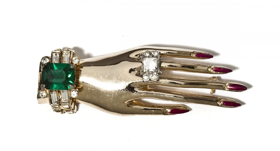 Vintage Enameled & Rhinestone Coro Pin: DESCRIPTION: Vintage signed Coro Friendship pin. Red enameled fingernails with rhinestone accents for the finger ring on the hand and bracelet. Deep green rhinestone on the hand's bracelet. 2-1/2".