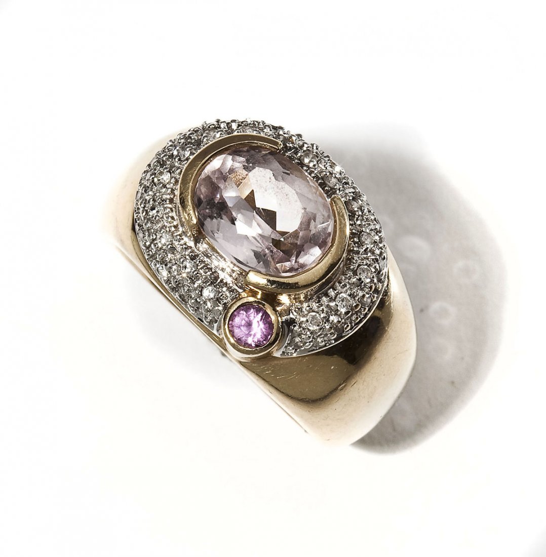 14K Gemstone & Diamond Ring: DESCRIPTION: Marked 14K yellow gold ring. Bezel set with one 12mm x 8mm oval morganite, one 3.5mm round pink sapphire and thirty-six round diamonds. Approximately .20 ctw. Size 8-1/2. 6.6 dwt (10.2 gr