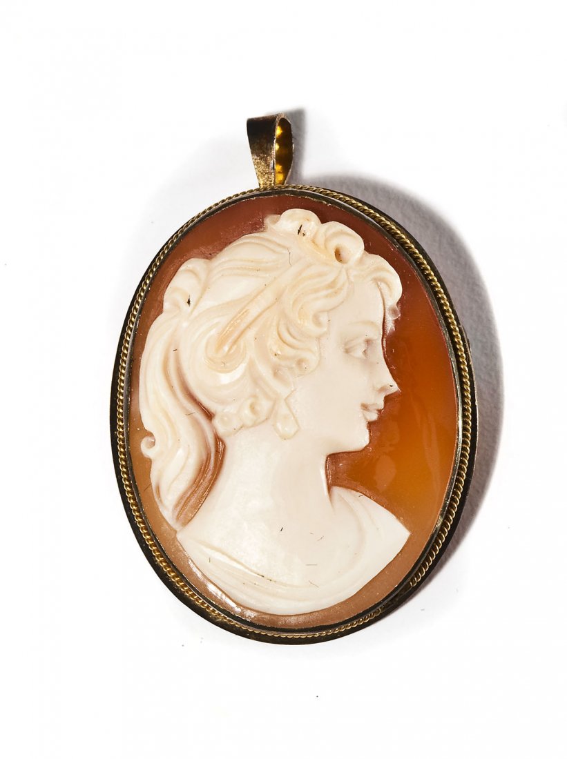 Cameo Pin/Pendant in Sterling Frame: DESCRIPTION: Marked 925 shell cameo pin/pendant with fold-down bail. Cameo is signed "F. Boeeille". 30mm x 23mm. 3.4 dwt (5.2 gr)