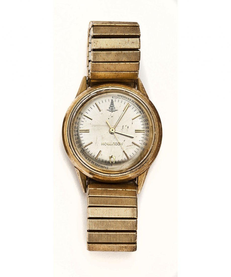 Bulova Accutron Doctor's Wristwatch: DESCRIPTION: Bulova Accutron doctor's wristwatch. Silvered dial with gold bar numeral markers, sweep seconds, marked "Accutron" and "Enumeras Ad XX Pulsus" with caduceus symbol. Back marked "Bulova Wa