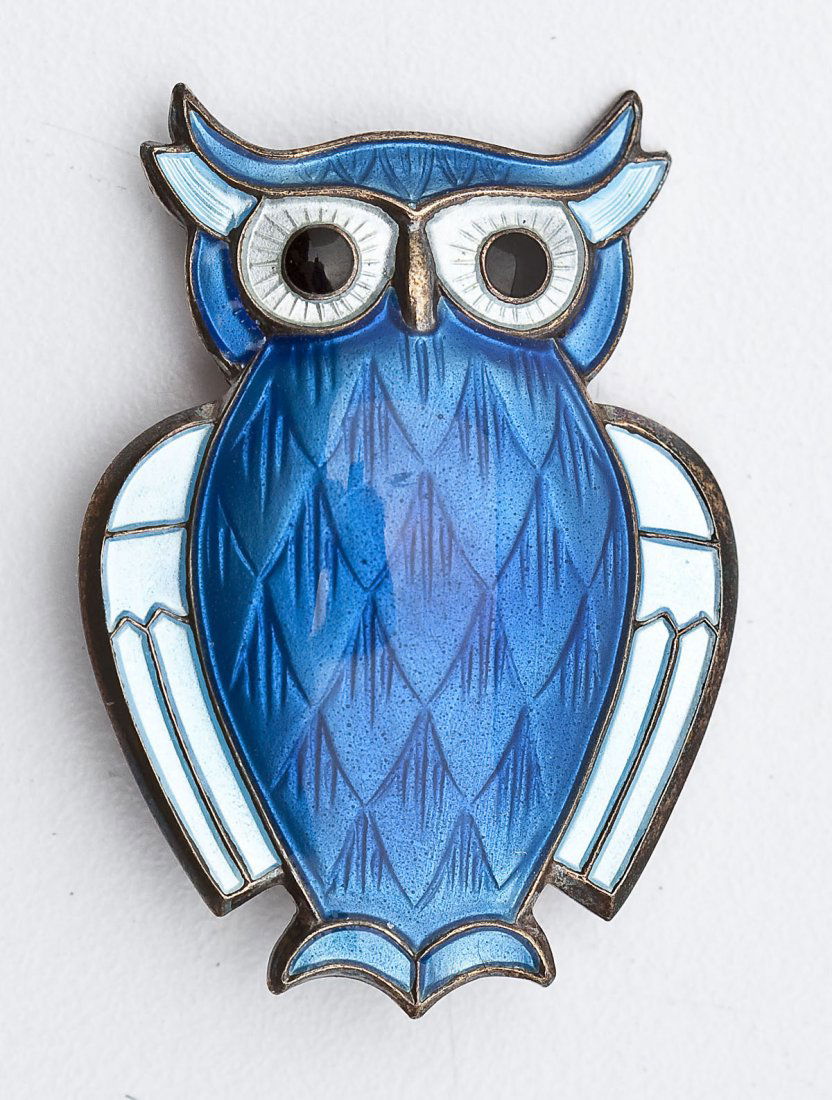 David Andersen Blue Enameled Owl Pin: DESCRIPTION: David Andersen blue enameled owl pin. Marked "David-Anderson Norway Sterling 925 S". 1-3/8" x 1".