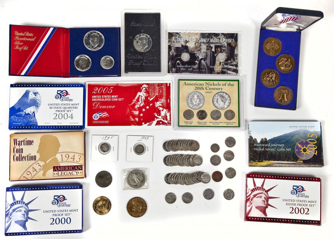65 U.S. Coins: DESCRIPTION: Sixty-five US coins including 1865 3Â¢ Pc, 4 V-Nickels, 47 Buffalo Nickels, 2 Silver Dimes, 1976-S 3 Pc 40% Silver Proof Set, 1971-S Brown Ike, 2000 10 Pc Proof Set, 2002 Silver Proof S