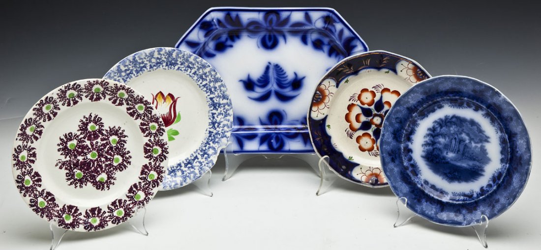 5 Pcs Ceramics incl Flow Blue & Spongeware: DESCRIPTION: Five pieces of ceramics including a flow blue platter, a transferware plate marked "Old Castle", a Gaudy Dutch plate, a purple and green spongeware plate and a tulip plate with sponge bor