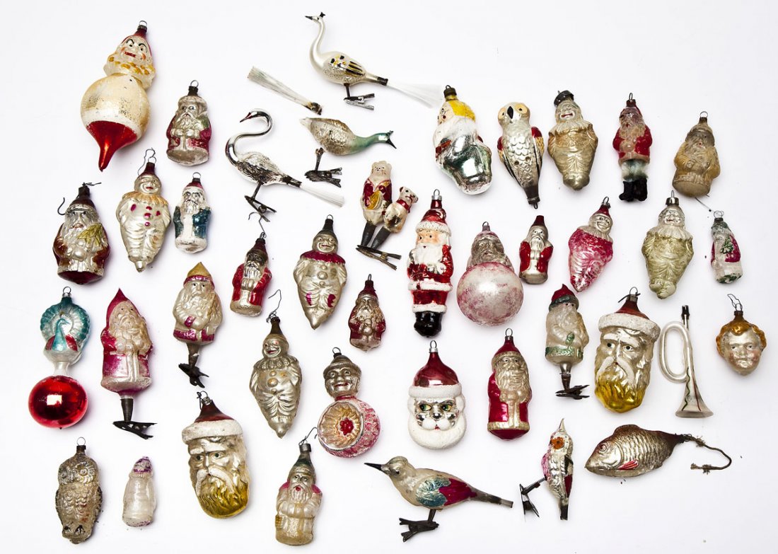 47 Antique Blown Glass Ornaments: DESCRIPTION: Approximately 47 antique blown glass Christmas ornaments including Santas, birds, owls and more. MEASUREMENTS: Ranging from 2-1/4" to 6". CONDITION: Overall wear as expected with age.
