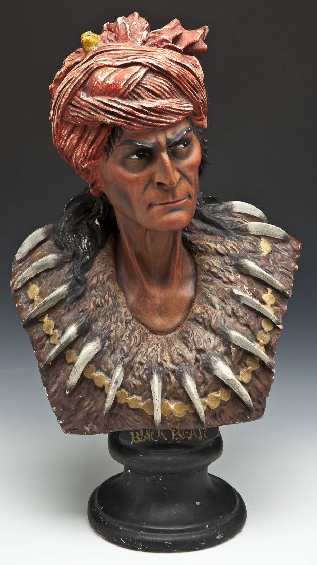 Large Cigar Store Plaster Indian Bust Black Bear: DESCRIPTION: Large painted plaster cigar store bust of an Indian marked "Black Bear" on pedestal base. Back marked "1649 PM". MEASUREMENTS: 28" high. CONDITION: Paint flakes and chips overall. Large r