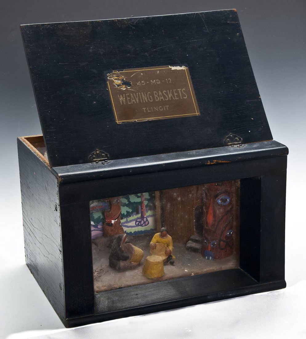 Museum Diorama Weaving Baskets Tlingit: DESCRIPTION: Museum diorama of Weaving Baskets Tlingit numbered "45-MD-12" as labeled to top. Housed in a black painted wood and glass box. MEASUREMENTS: 12-1/2" wide x 9-1/2" deep x 8-3/4" high. COND