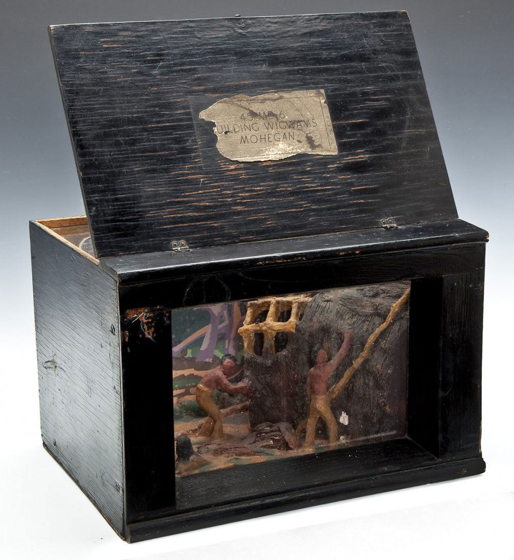 Museum Diorama Building Wigwams Mohegan: DESCRIPTION: Museum diorama of Building Wigwams Mohegan numbered "45-MD-6" as labeled to top. Housed in a black painted wood and glass box. MEASUREMENTS: 12-1/2" wide x 9-1/2" deep x 8-3/4" high. COND