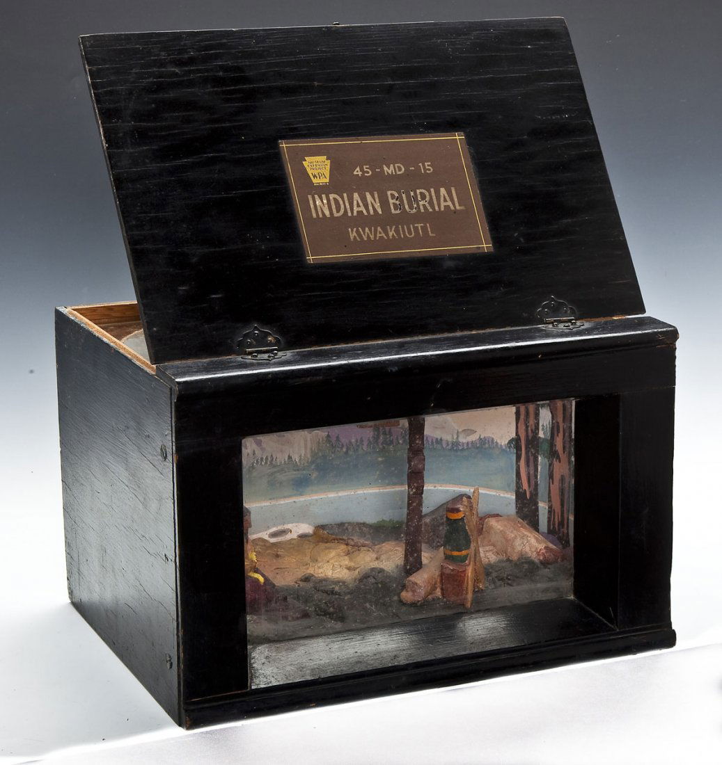 Museum Diorama Indian Burial Kwakiutl: DESCRIPTION: Museum diorama of Indian Burial Kwakiutl numbered "45-MD-15" as labeled to top. Housed in a black painted wood and glass box. MEASUREMENTS: 12-1/2" wide x 9-1/2" deep x 8-3/4" high. CONDI