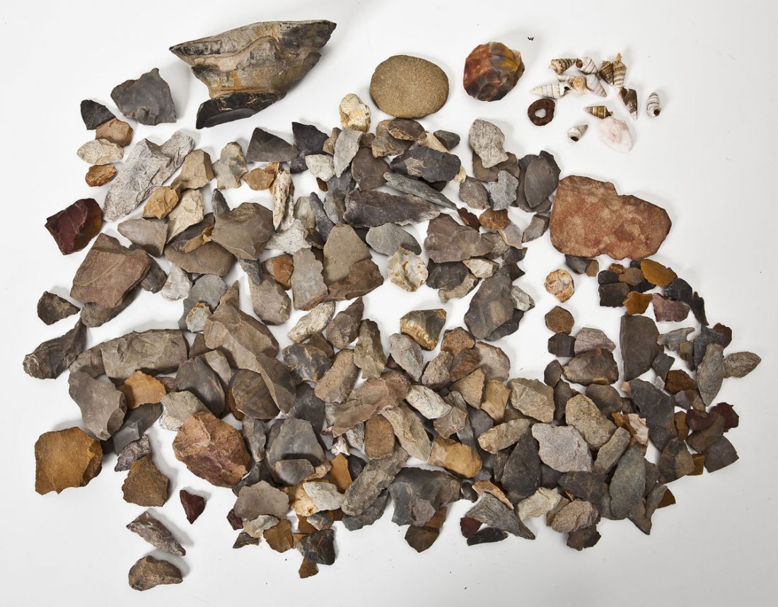 Large Lot Miscellaneous Cores, Tools, Etc: 637 DESCRIPTION: Large lot of miscellaneous raw material, cores, partially worked tools, flakes and debithage. Lot includes two flat sandstones (possible net weights) and several seashells. MEASUREMEN