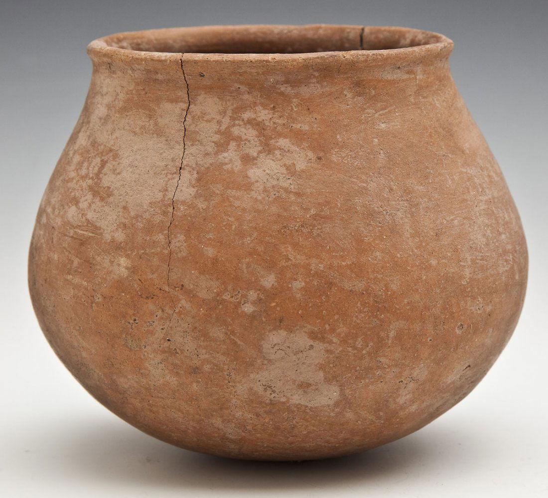 Simple Mississippian Redware Pot: DESCRIPTION: Mississippian simple redware pot. MEASUREMENTS: 5-1/2" diameter x 5-1/4" high. CONDITION: Wear as expected with age. Two cracks at rim.