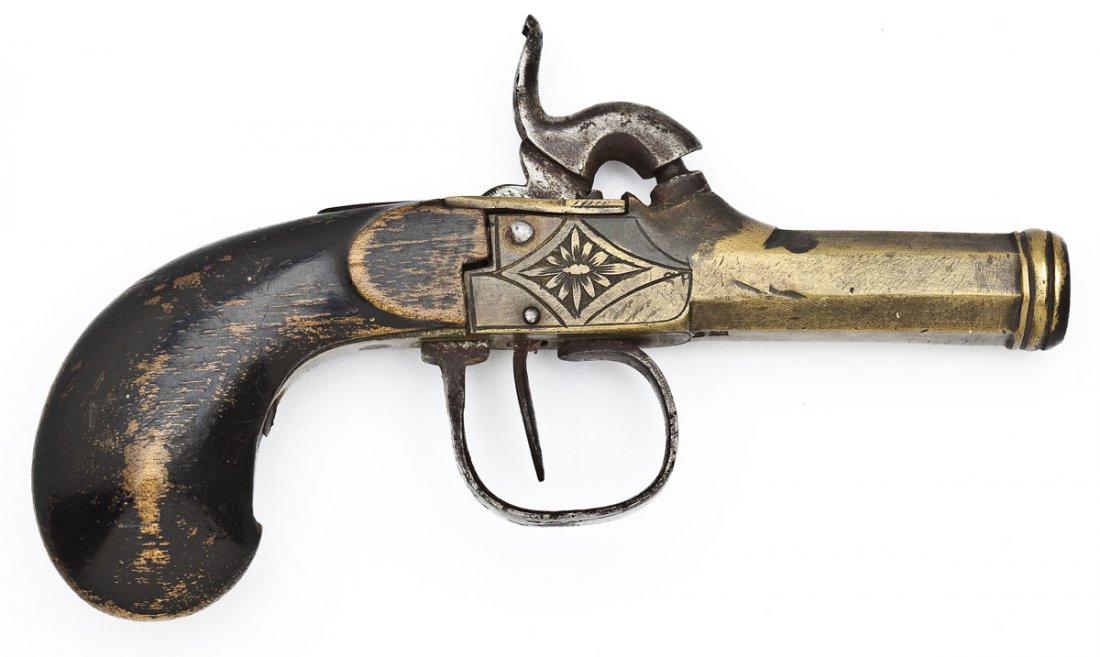 Belgian Percussion Boot Pistol: SERIAL #: None DESIGN: Percussion fired single shot pistol. 2" octagon barrel. Diameter of bore is approximately .40" at the muzzle. Single trigger. MATERIAL/FINISH COMPOSITION: Metal construction. Br