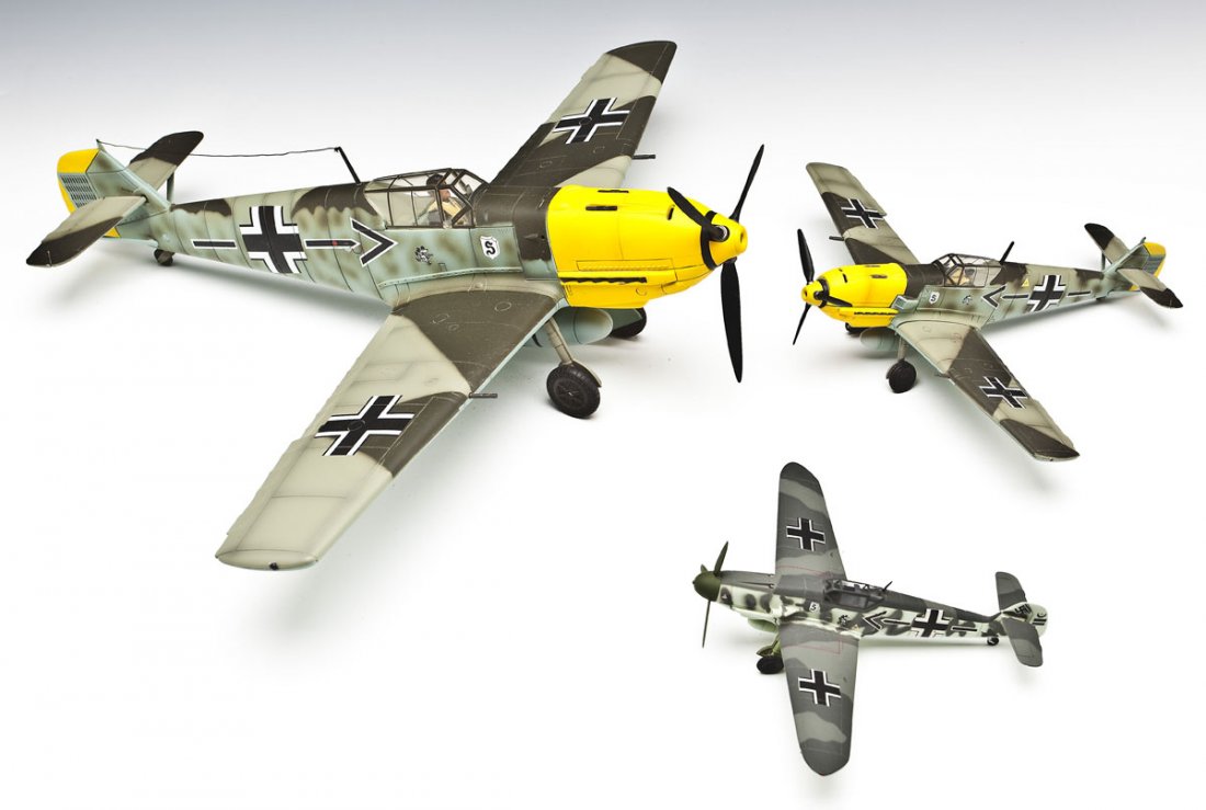 3 Mickey Mouse Squadron ME-109 Model Planes: DESCRIPTION: Three Mickey Mouse Squadron ME-109 model planes. All are representative of the one flown by Adolf Galland, the Commander of Jagdgeschwader 26, stationed in Northern France, and the Genera