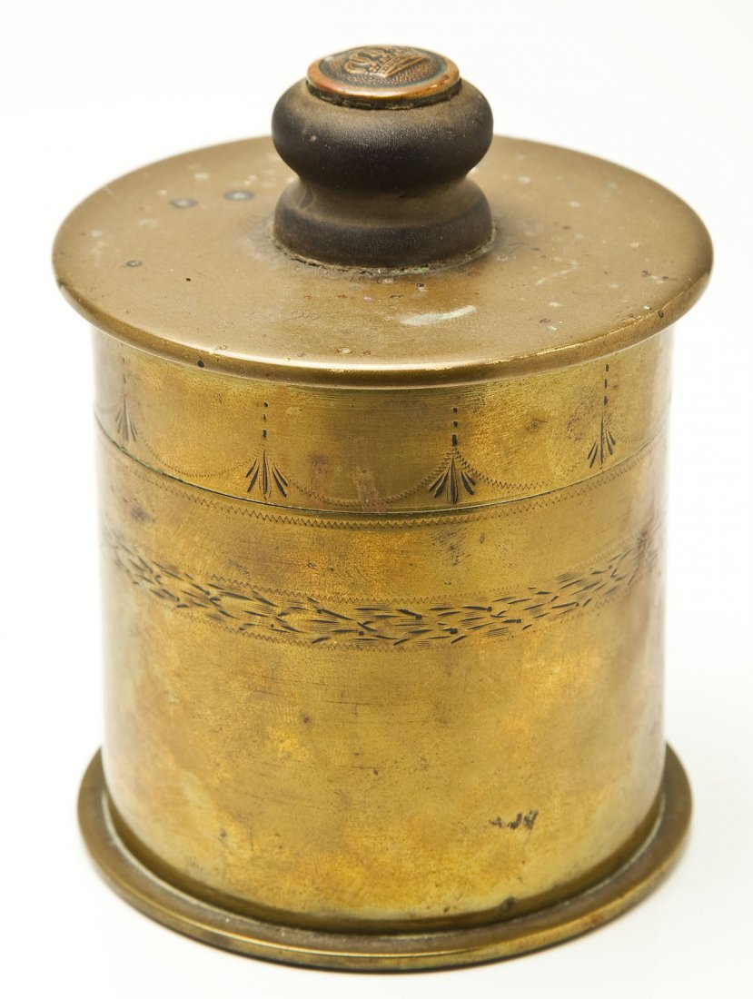WWI Era French Trench Art Souvenir: DESCRIPTION: WWI era French trench art souvenir. Made from a shell stamped 1917 on the bottom with addition of a handle with crown at top. Marked on side "Souvenir France 1919". MEASUREMENTS: 3-1/2" d