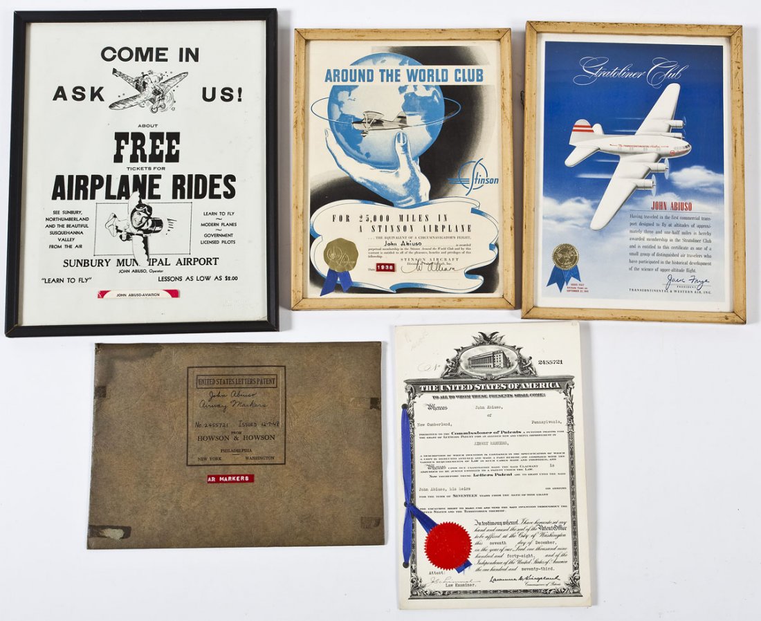 Collection of Citations, Ads & Patent Certificate: DESCRIPTION: Collection of citations, advertisement, and patent certificate. Citations include: an "Around the World Club" from Stinson Aircraft for 25,000 miles in a Stinson Airplane; Stratoliner Clu