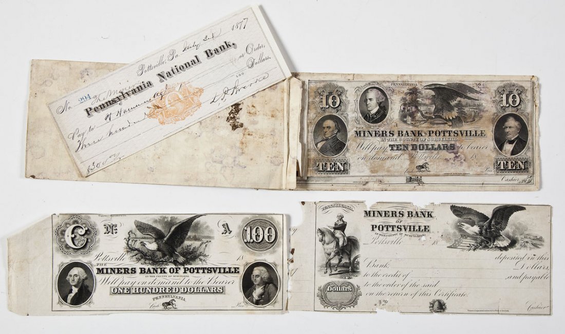 $100 Miners Bank of Pottsville Obsolete Note, Etc: DESCRIPTION: One $100 obsolete bank note for the Miners Bank of Pottsville, together with a receipt book with two blank Miners Bank receipts, a $10 note, and a completed receipt dated July 3rd, 1877. 