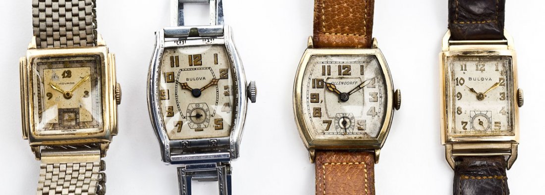4 Men's Wristwatches incl Bulova: DESCRIPTION: Four men's vintage wristwatches including two Bulova watches, one Ollendorff watch and one Movado.