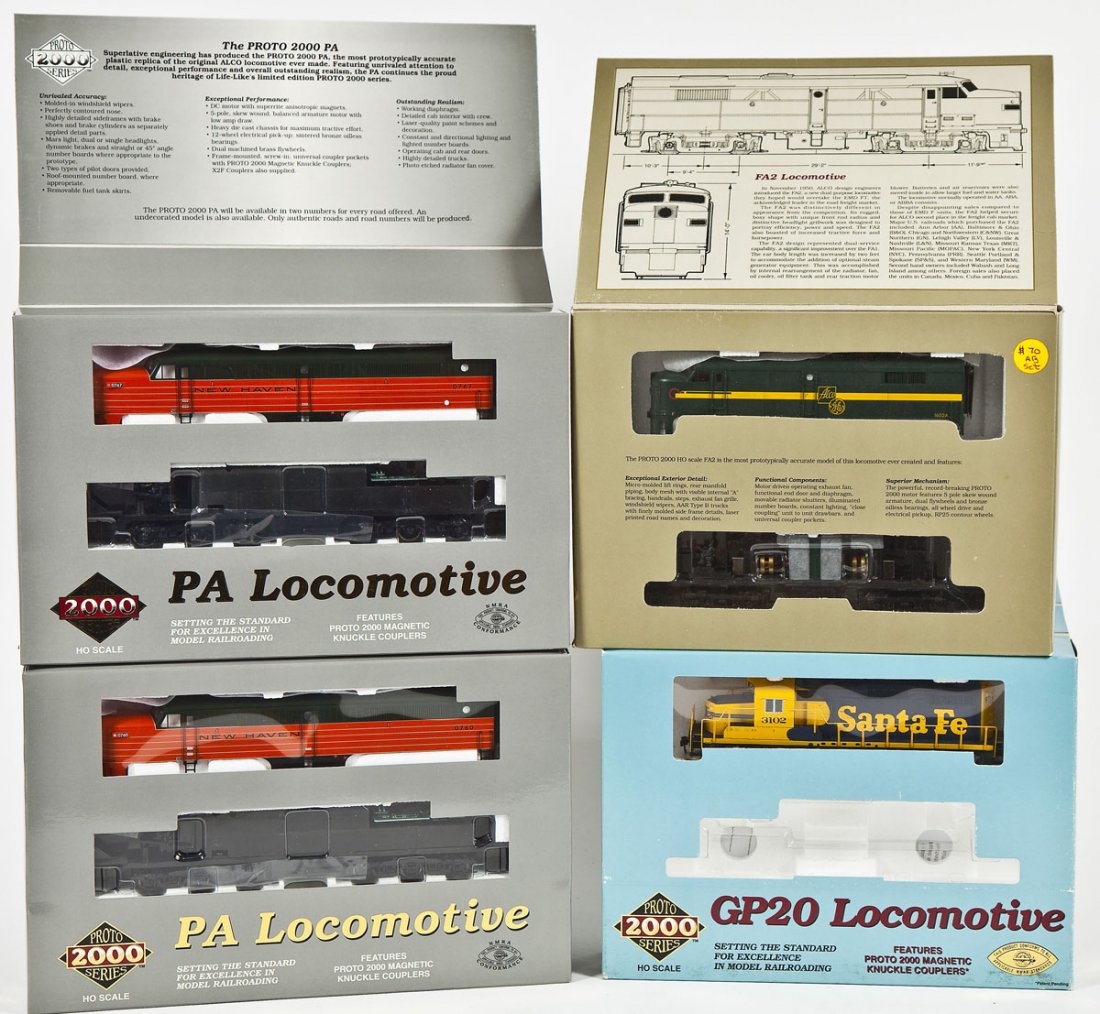 4 Proto 2000 Series HO Locomotives: DESCRIPTION: Four Proto-2000 series locomotives including NH #667, Alco Demo #1602A, AT&SF #31002, NH #760. HO scale. CONDITION: AT&SF Assembled. Others appear unused in original boxes.