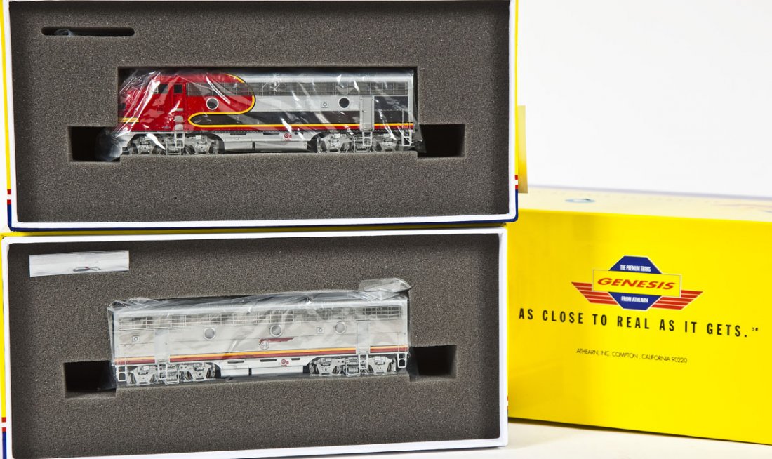 Genesis Santa Fe F-7A/F-7B Locomotive Set: DESCRIPTION: Athearn Genesis Santa Fe F-7A/F-7B locomotive set. HO scale. CONDITION: Appear new in original boxes.