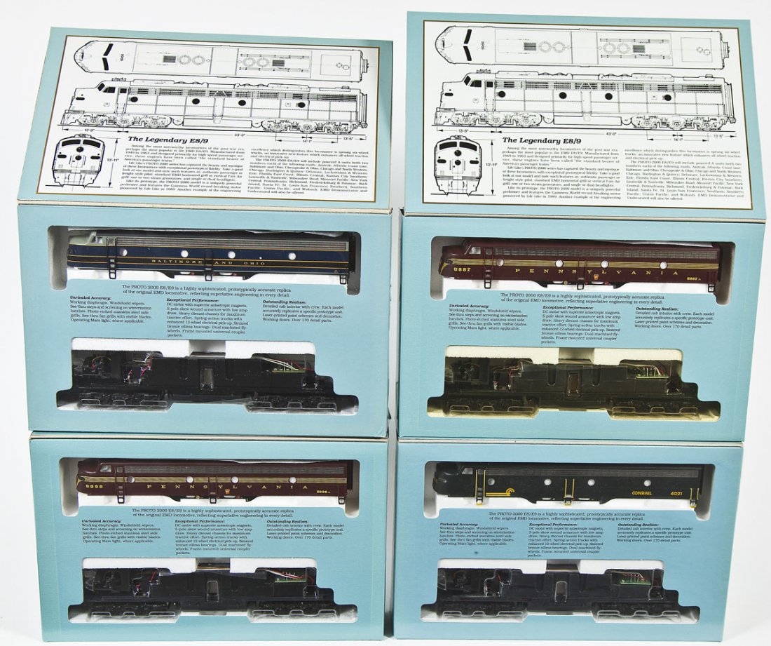 4 Proto 2000 Series E8/9 Locomotives: DESCRIPTION: Four Proto 2000 Series E8/9 locomotives including: B&O #26, Conrail #4021, PRR #5898, and PRR #5887. HO scale. CONDITION: Appear unused in original boxes.